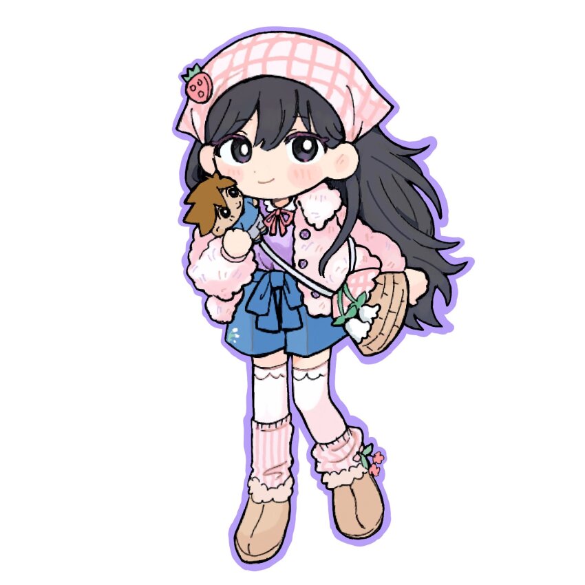 1girl bag black_eyes black_hair blue_shorts blush boots bright_pupils brown_boots character_doll chibi chibi_only closed_mouth flower full_body hakama hakama_shorts handbag hero_(faraway)_(omori) hero_(omori) highres holding holding_stuffed_toy jacket japanese_clothes lily_of_the_valley long_hair long_sleeves looking_at_viewer mari_(faraway)_(omori) mari_(omori) official_alternate_costume omori sebon_(sebochin) shorts simple_background smile solo stuffed_toy thighhighs white_background white_pupils white_thighhighs