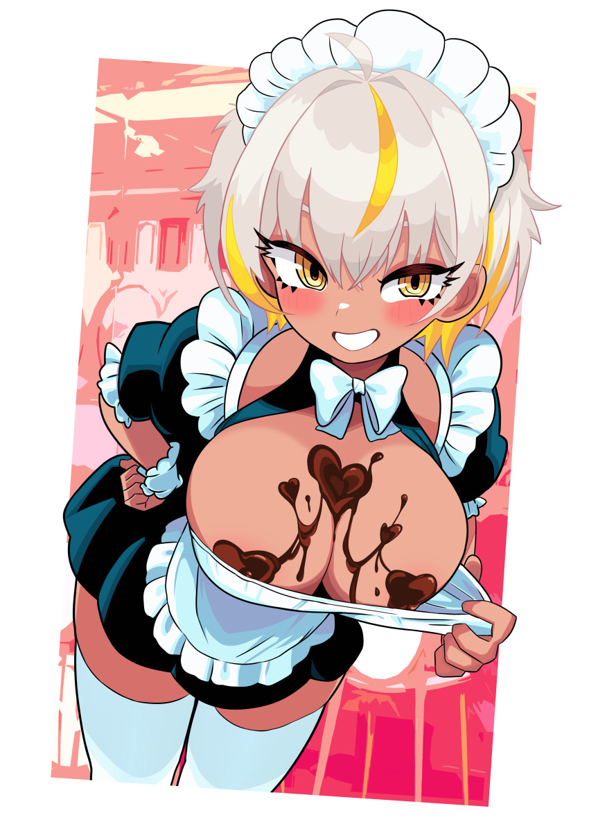 1girl absurdres ahoge apron black_dress blonde_hair blush bow bowtie breasts chocolate chocolate_on_body chocolate_on_breasts dress food_on_body grey_hair highres indie_virtual_youtuber large_breasts leaning_forward maid maid_headdress okra_h park_dona short_hair smile solo thighhighs tomboy virtual_youtuber white_apron white_bow white_bowtie white_thighhighs white_wrist_cuffs wrist_cuffs yellow_eyes