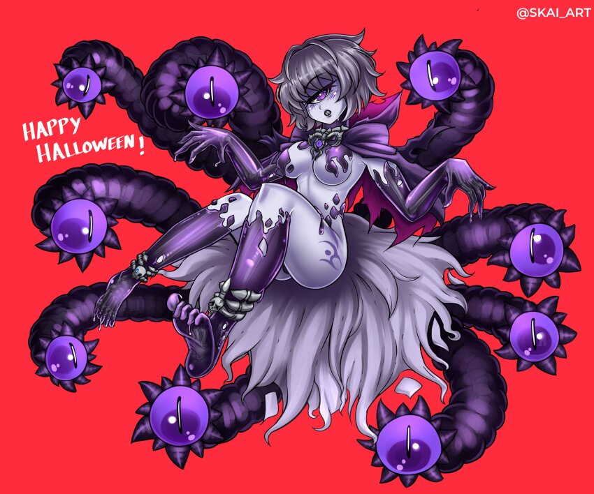 1girl artist_name barefoot blush bone breasts cape colored_skin commentary cyclops english_commentary extra_eyes feet full_body fusion gazer_(monster_girl_encyclopedia) grey_hair grey_skin happy_halloween highres hood hooded_cape jitome large_breasts large_tail lich_(monster_girl_encyclopedia) looking_at_viewer monster_girl monster_girl_encyclopedia monster_girl_encyclopedia_ii naked_cape nude one-eyed pale_skin parted_lips purple_eyes red_background see-through_body sharp_teeth short_hair simple_background skai_art skeleton soles solo tail teeth tentacles toes torn_cape torn_clothes twitter_username