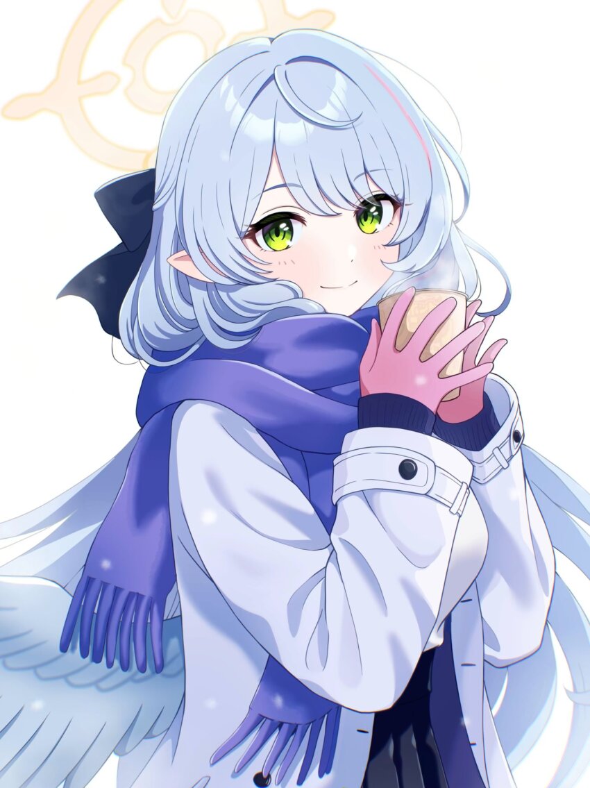1girl 2024 alternate_costume black_bow blue_archive blue_hair blue_scarf blue_wings blush bow closed_mouth coat commentary_request cup dated_commentary enpera eyelashes eyes_visible_through_hair feathered_wings fringe_trim gesupi_(provlemsolver57) gloves green_eyes hair_between_eyes hair_bow halo hands_up happy highres holding holding_cup long_hair long_sleeves looking_at_viewer low_wings mine_(blue_archive) open_clothes open_coat pink_gloves pointy_ears scarf simple_background smile solo steam upper_body very_long_hair white_background white_coat wings winter_clothes yellow_halo