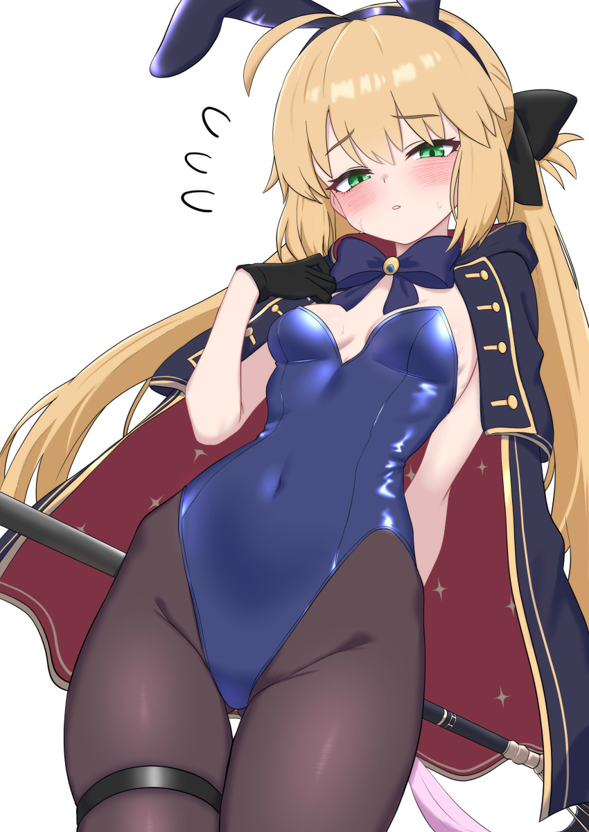 1girl absurdres ahoge animal_ear_hairband animal_ears arm_behind_back artoria_caster_(fate) artoria_pendragon_(fate) black_bow black_gloves black_pantyhose blonde_hair blue_bow blue_bowtie blue_leotard blush bow bowtie breasts cane commentary_request covered_navel embarrassed fake_animal_ears fate/grand_order fate_(series) flying_sweatdrops gloves green_eyes hair_bow hairband highleg highleg_leotard highres holding holding_cane leotard long_hair looking_at_viewer oldsickkim pantyhose playboy_bunny rabbit_ear_hairband rabbit_ears simple_background small_breasts solo strapless strapless_leotard thigh_gap thigh_strap twintails white_background