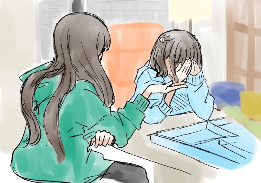 2girls black_hair black_pants blue_hoodie commentary_request facing_another green_hoodie hanamiya_nina hand_up hands_on_own_face hood hood_down hoodie link!_like!_love_live! long_hair long_sleeves love_live! multiple_girls pants puripuri_hurai sakurai_hina seeno_de!_hasu_no_sora! short_hair sketch_background