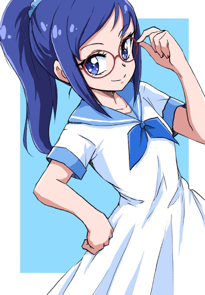 1girl adjusting_clothes adjusting_headwear alternate_hairstyle aqua_neckerchief blue_background blue_eyes blue_hair blue_sailor_collar collarbone dokidoki!_precure dress highres hishikawa_rikka long_hair looking_at_viewer neckerchief pleated_dress ponytail precure red-framed_eyewear sailor_collar sailor_dress short_sleeves smile solo uraki white_background white_dress