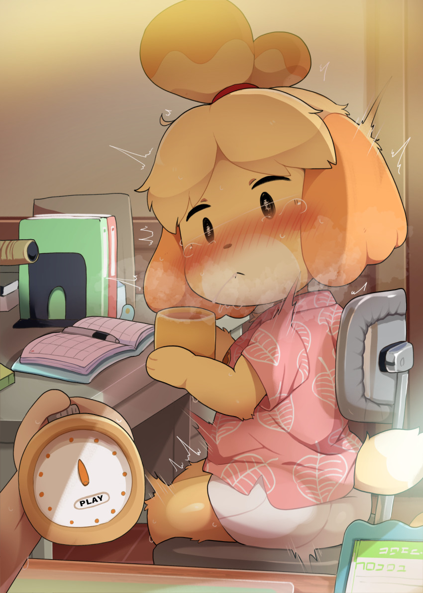 1girl 1koma ^^^ animal_crossing animal_ears animal_nose black_eyes blonde_hair blush body_fur chair closed_mouth comic cum cum_in_mouth cup dagasi desk dog_ears dog_girl dog_tail furry furry_female highres holding isabelle_(animal_crossing) looking_at_object microskirt nintendo nose_blush office_chair pocket_watch pov pov_hands shirt sitting skirt snout solo_focus steam surprised sweat swivel_chair tail tearing_up translated trembling villager_(animal_crossing) watch yellow_fur
