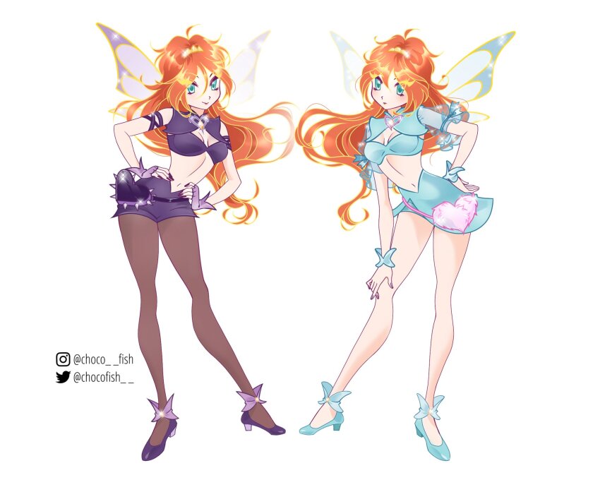 2girls anklet armlet bare_legs bloom_(winx_club) blue_shirt blue_shoes blue_skirt blue_wings blue_wrist_cuffs brooch buckle center_opening charmix chocofish closed_mouth dark_bloom_(winx_club) dual_persona expressionless fairy fairy_wings fingerless_gloves frilled_sleeves frills full_body fur_bag gloves gold_tiara grey_pantyhose hair_between_eyes hand_on_own_hip hand_on_own_knee hands_on_own_hips happy heart heart-shaped_bag heart_brooch high_heels highres instagram_username jewelry light_particles lipstick long_hair magical_girl makeup messy_hair microskirt midriff mini_tiara miniskirt multiple_girls nail_polish navel orange_hair pantyhose pink_bag puffy_short_sleeves puffy_sleeves pumps purple_bag purple_gloves purple_nails purple_shirt purple_shoes purple_skirt purple_wings red_lips redesign see-through_clothes see-through_sleeves shirt shoes short_sleeves simple_background skirt skirt_set sleeveless sleeveless_shirt spikes tiara twitter_username very_long_hair waist_bag watermark white_background wings winx_club wrist_cuffs