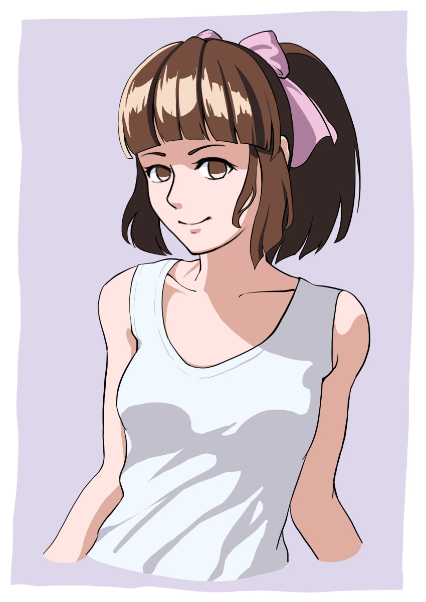1girl absurdres arikura_tomoko blunt_bangs bow brown_eyes brown_hair grey_background hair_bow highres medium_hair nogreen oniisama_e... pink_bow ponytail shirt simple_background sleeveless smile upper_body white_shirt
