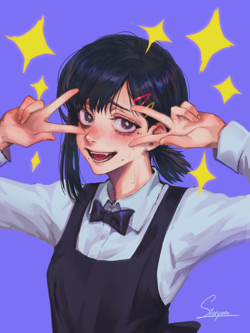 1girl absurdres apron black_apron black_bow black_bowtie black_eyes black_hair blush bow bowtie chainsaw_man collared_shirt commentary_request double_v embarrassed fangs forced_smile hair_ornament hairpin higashiyama_kobeni highres looking_at_viewer medium_hair mole mole_under_eye mole_under_mouth multiple_hairpins nose_blush parted_bangs ponytail purple_background shirt short_ponytail signature simple_background single_sidelock solo staryoruu sweatdrop tearing_up teeth tongue upper_body v white_shirt
