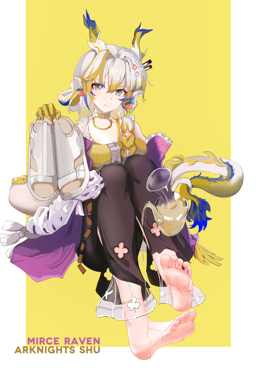 1girl absurdres arknights barefoot breasts cleavage dragon_horns dragon_tail feet gret_eyes highres horns long_hair looking_at_viewer mirce_raven multicolored_hair pointy_ears shoes shu_(arknights) smile soles tail toes unworn_shoes