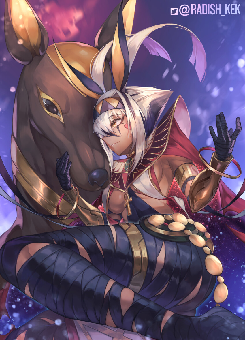 1girl absurdres ancient_egyptian animal_ears ankh ankh_necklace antenna_hair black_bandages breasts colored_inner_hair dark_skin earrings facepaint facial_mark fate/grand_order fate_(series) highres hoop_earrings jackal jackal_ears jewelry medium_breasts multicolored_hair nemes nitocris_(fate) nitocris_alter_(fate) nitocris_alter_(second_ascension)_(fate) radishkek underboob white_hair yellow_eyes