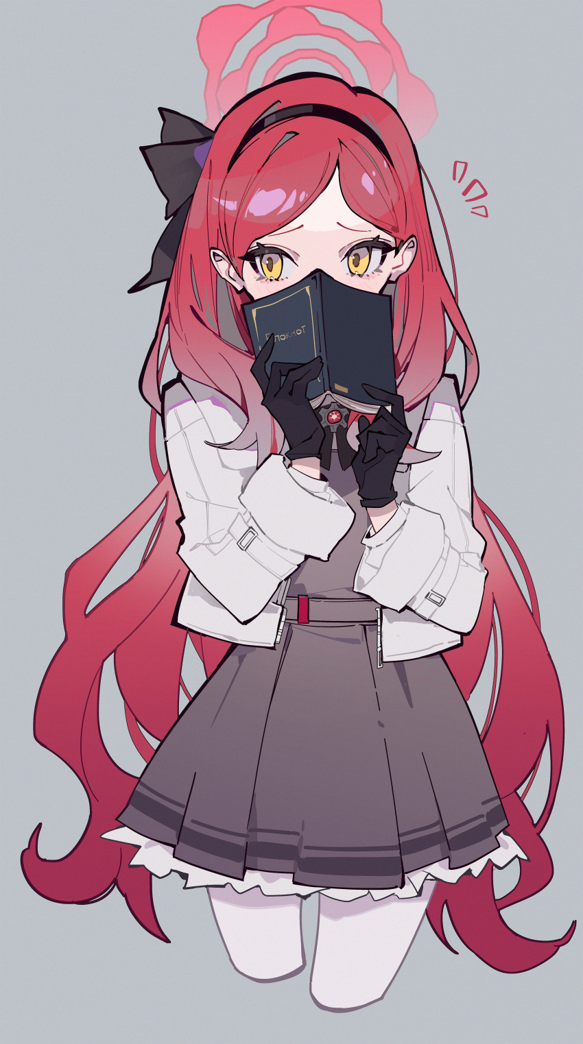 1girl absurdres black_bow black_bowtie black_gloves black_hairband blue_archive book bow bowtie commentary_request dress forehead gloves grey_background grey_dress hairband halo highres holding holding_book jacket long_hair long_sleeves pantyhose pinafore_dress ragnal red_hair red_halo sleeveless sleeveless_dress solo takane_(blue_archive) white_jacket white_pantyhose yellow_eyes