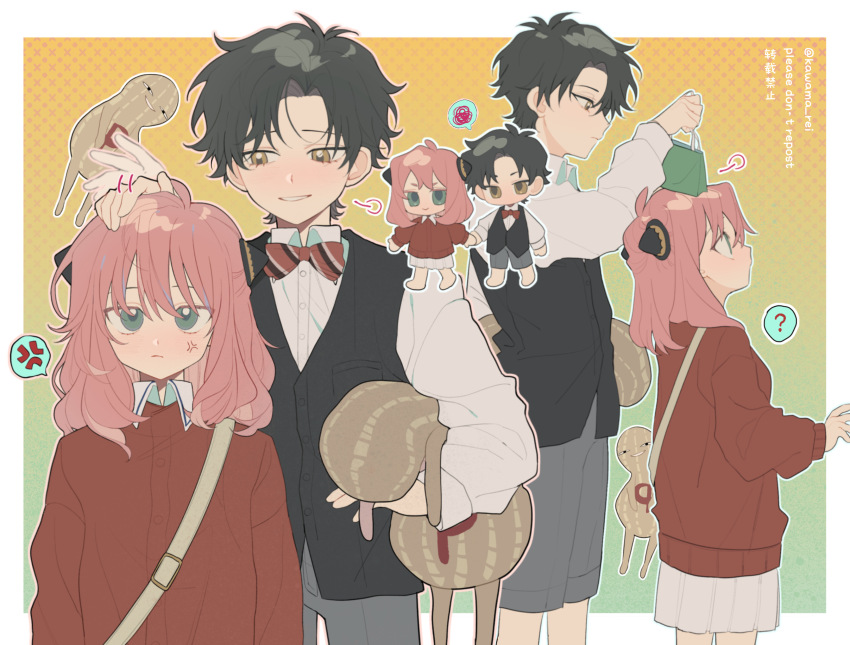 1boy 1girl ? absurdres aged_up anger_vein annoyed anya&#039;s_heh_face_(meme) anya_(spy_x_family) black_hair blush chibi chibi_inset closed_mouth damian_desmond green_eyes hairpods height_conscious height_difference hetero highres holding_hands kawama_rei meme parted_bangs parted_lips pink_hair spoken_anger_vein spoken_squiggle spy_x_family squiggle stuffed_toy twitter_username yellow_eyes