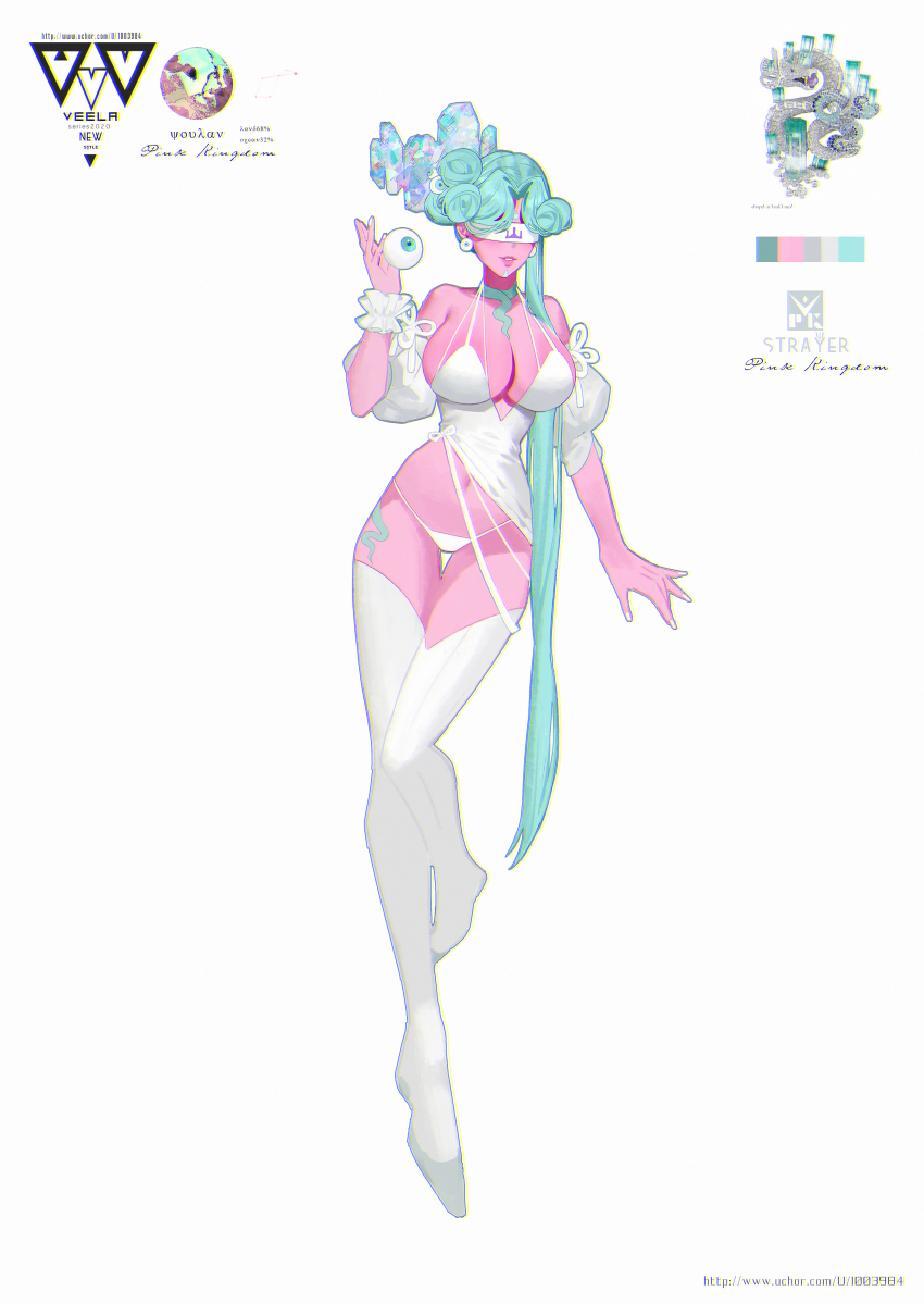 1girl absurdres aqua_eyes aqua_hair artist_name bare_shoulders blindfold breasts chemise chromatic_aberration earrings eyeball eyeball_earrings full_body highres huge_breasts huge_filesize jewelry lingerie long_hair nail_polish navel original panties solo thighhighs underwear veela very_long_hair watermark web_address white_nails white_panties white_thighhighs