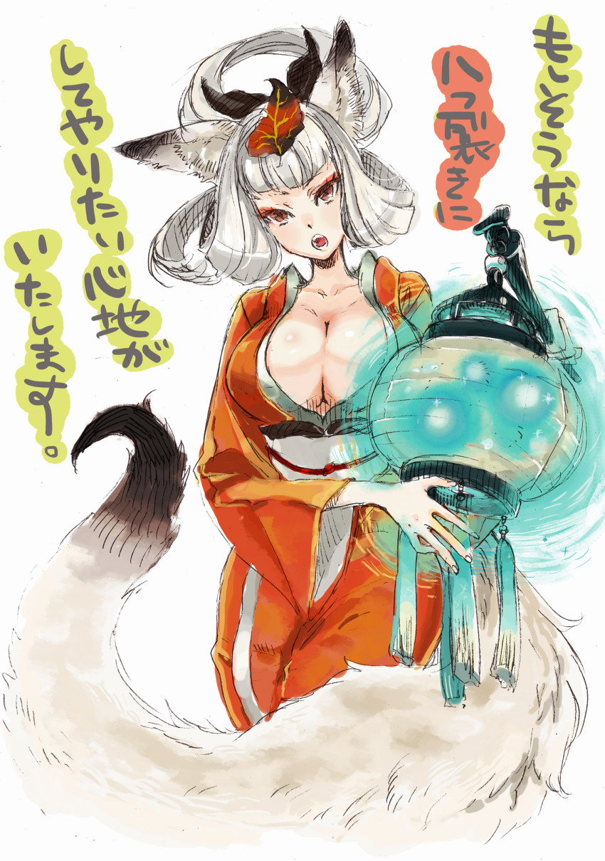 1girl acm animal_ears bad_id bad_pixiv_id breasts brown_eyes cleavage eyeshadow female_focus fox_ears fox_tail glowing hair_up highres japanese_clothes kimono kongiku lantern large_breasts leaf leaf_on_head light_particles makeup object_on_head oboro_muramasa open_mouth ponytail silver_hair solo tail tsurime
