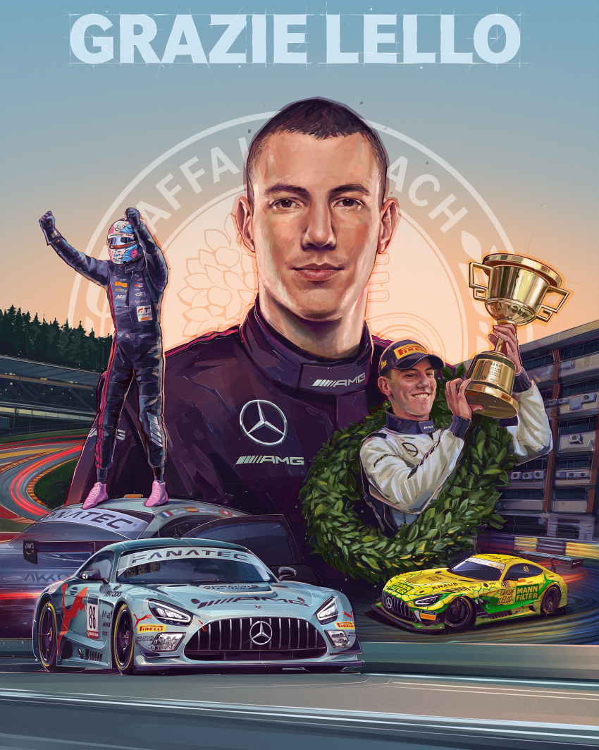 1boy absurdres akkodis_asp_team andrew_mytro black_eyes black_gloves black_hair black_jumpsuit car circuit_de_spa-francorchamps clenched_hands commentary english_commentary fanatec french_flag gloves gruppe_m_racing gt_world_challenge_europe helmet highres holding holding_trophy intercontinental_gt_challenge italian_text jumpsuit light_trail logo looking_ahead looking_at_viewer male_focus mercedes-benz mercedes-benz_amg_gt motor_vehicle multiple_views official_art pink_shoes pirelli promotional_art puma_(brand) racing_suit raffaele_marciello real_life realistic shadow shoes short_hair smile sneakers spanish_flag spoiler_(automobile) sponsor swiss_flag tree trophy very_short_hair