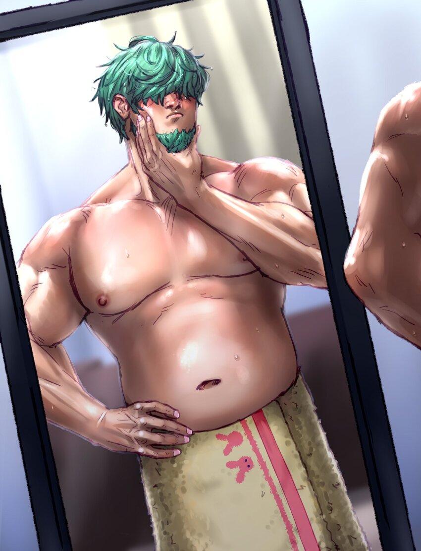 1boy bara beard big_belly carless_(ppanic) commentary commission english_commentary facial_hair fat fat_man fire_emblem fire_emblem:_the_blazing_blade full-length_mirror green_facial_hair green_hair hair_over_eyes hand_on_own_chin hand_on_own_hip highres indoors large_pectorals looking_at_mirror lowen_(fire_emblem) male_focus mirror naked_towel navel nintendo nipples pectorals short_hair solo stomach topless_male towel wet wet_hair
