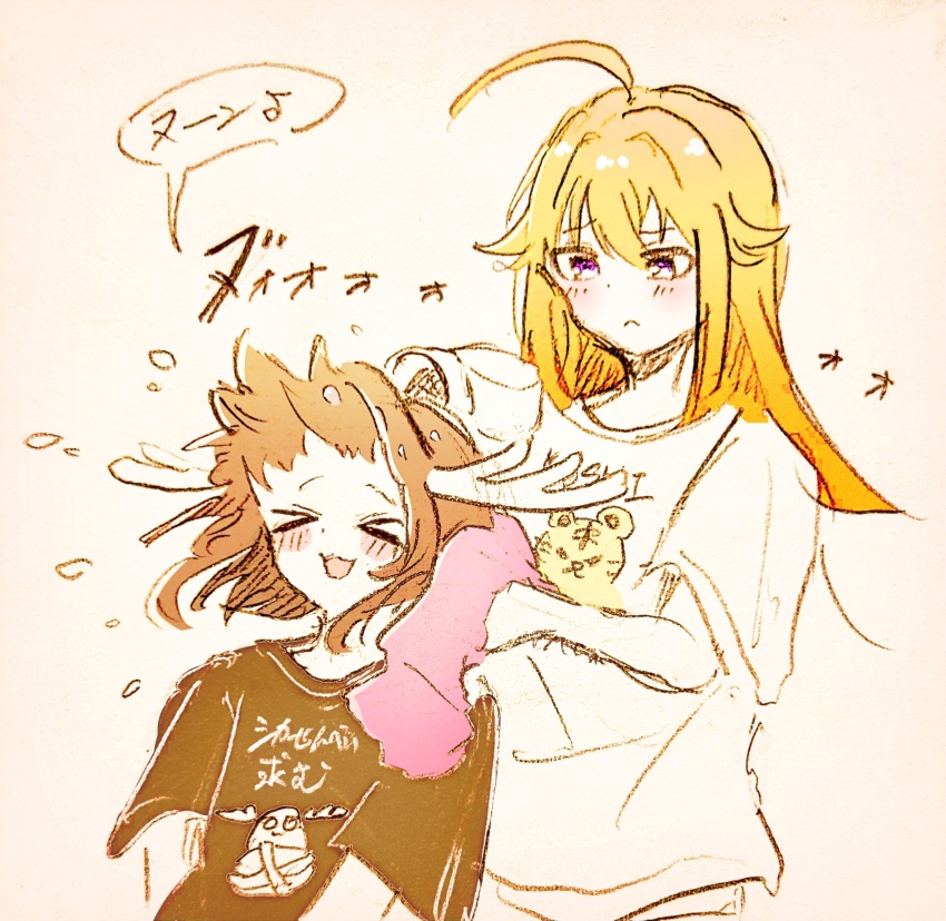 ahoge antlers blonde_hair blush brown_hair couple deer deer_antlers deer_girl drying drying_hair hair_down highres holding holding_towel horns indoors kare_yuriiiii koshi_torako long_hair multiple_girls open_mouth shikanoko_noko shikanoko_nokonoko_koshitantan shirt short_hair sketch smile towel wet wet_hair yuri