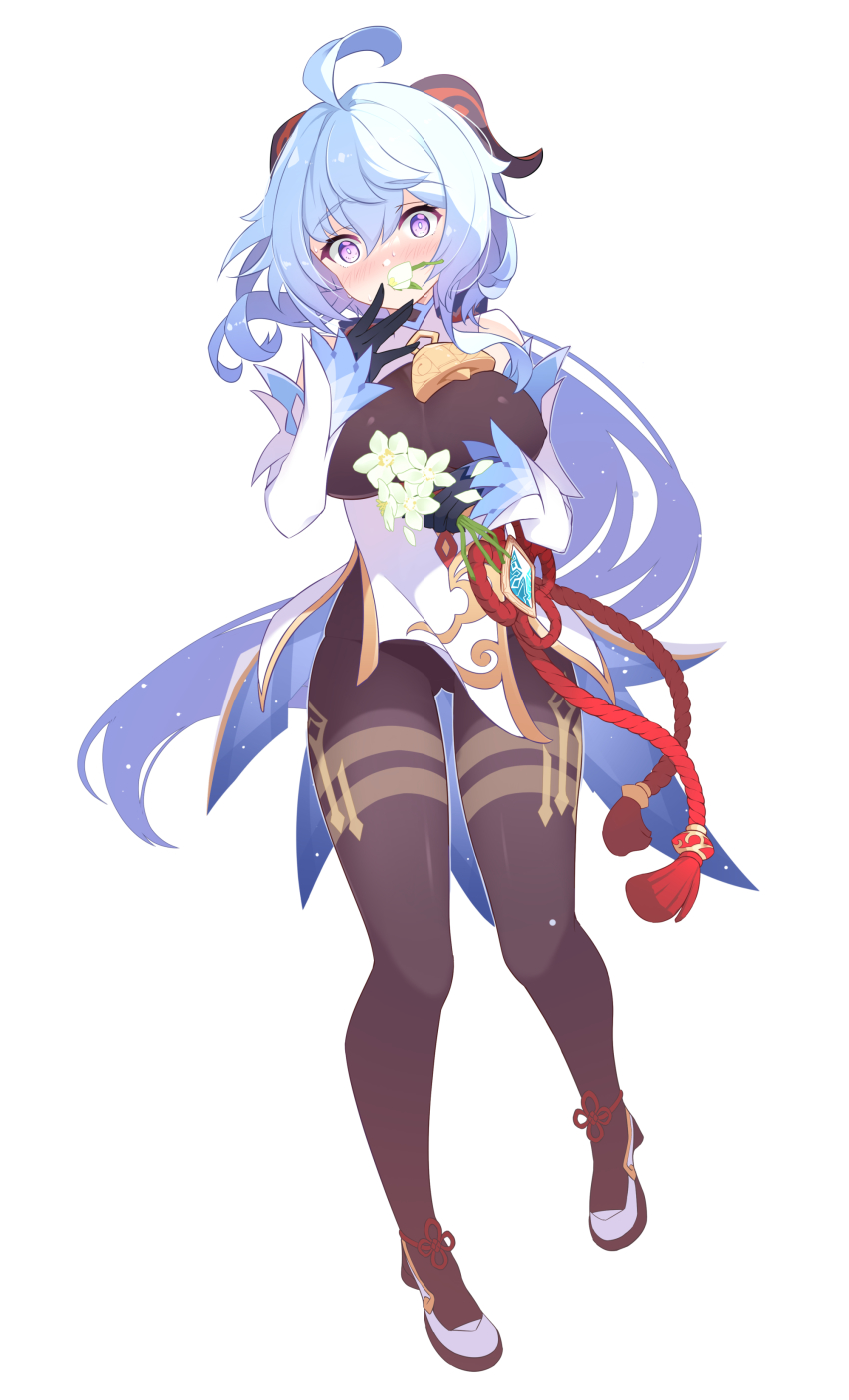 1girl absurdres ahoge bare_shoulders blue_hair blush bodysuit breasts chinese_knot detached_sleeves eating_flower flower ganyu_(genshin_impact) genshin_impact gloves highres horns jewelry large_breasts long_hair looking_at_viewer low_ponytail neck_bell ponytail purple_eyes qingxin_flower solo thighlet very_long_hair white_background yuruto