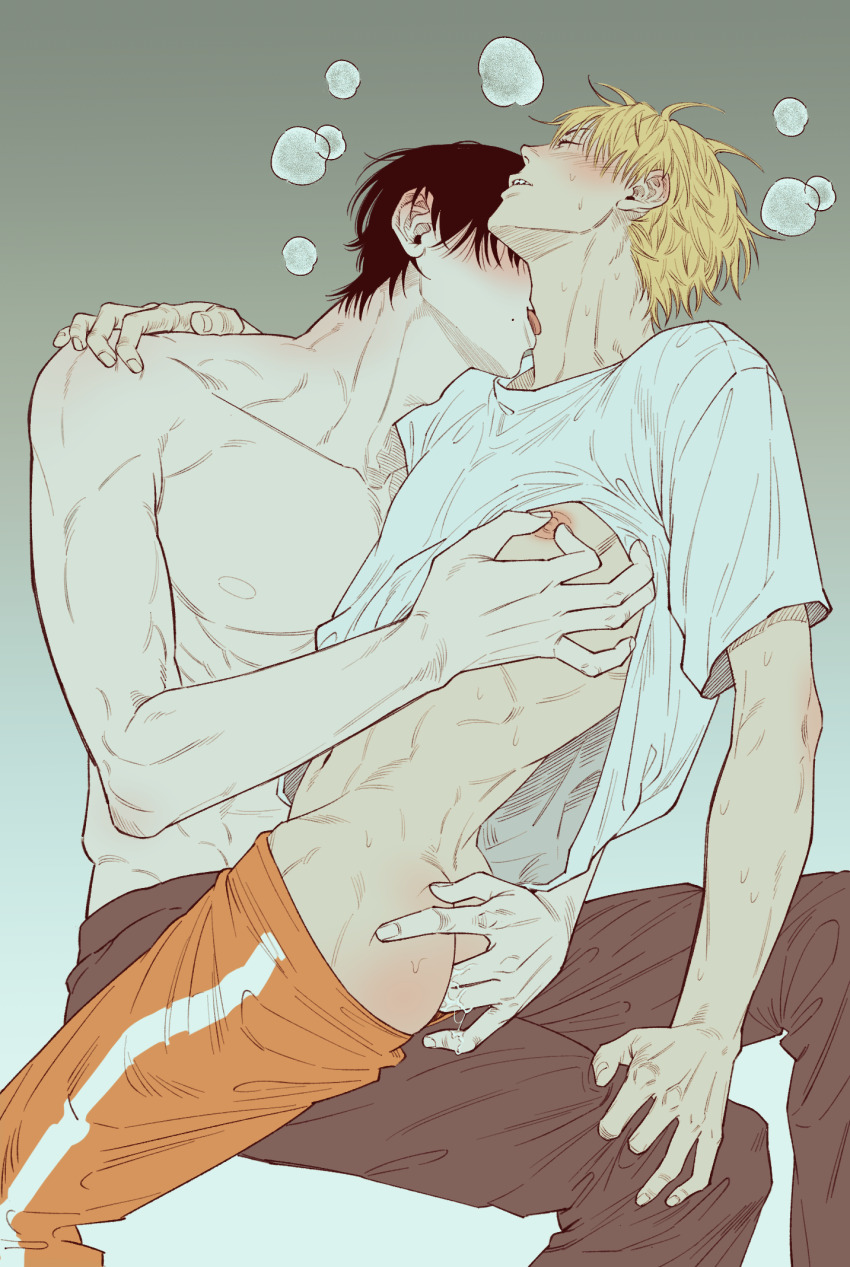 2boys anal anal_fingering ass black_hair black_pants blonde_hair blush chainsaw_man closed_eyes clothes_lift clothes_pull denji_(chainsaw_man) fingering from_side hand_on_another&#039;s_leg highres jmt_sungnyung licking licking_another&#039;s_neck male_focus male_penetrated mole mole_under_mouth multiple_boys nipple_stimulation nipples no_male_underwear orange_pants pants pants_pull pectorals puff_of_air shirt shirt_lift short_hair simple_background straddling suggestive_fluid sweat teeth toned toned_male topless_male upright_straddle white_shirt yaoi yoshida_hirofumi