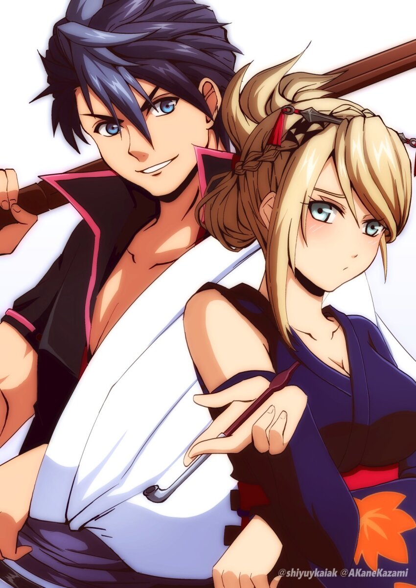 1boy 1girl akane_kazami black_hair black_kimono blonde_hair blue_eyes braid breasts cleavage commission cosplay crown_braid detached_sleeves double-parted_bangs eiyuu_densetsu elaine_auclair gintama green_eyes hair_between_eyes hair_ornament hairpin hetero highres holding holding_smoking_pipe holding_sword holding_weapon japanese_clothes kimono kuro_no_kiseki_(series) leaf_print long_sidelocks maple_leaf_print multicolored_hair parted_bangs sakata_gintoki short_hair sidelocks simple_background smile smoking_pipe sword tsukuyo_(gintama) two-tone_hair upper_body van_arkride weapon white_background wooden_sword