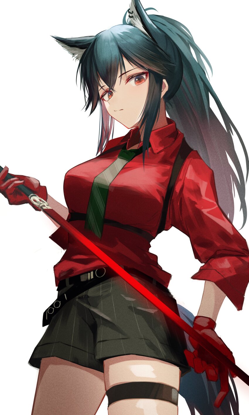 1girl absurdres animal_ear_fluff animal_ears antenna_hair arknights belt belt_buckle black_belt black_hair black_shorts black_tail blue_eyes breasts buckle chest_harness closed_mouth collared_shirt colored_inner_hair commentary contrapposto cowboy_shot crossed_bangs diagonal-striped_clothes diagonal-striped_necktie dress_shirt expressionless extra_ears film_grain from_below from_side gloves green_necktie hair_between_eyes hand_up harness high_collar high_ponytail highres holding holding_sword holding_weapon large_breasts long_hair long_sleeves looking_at_viewer looking_down looking_to_the_side multicolored_eyes multicolored_hair necktie nekomatamago official_alternate_costume ponytail red_eyes red_gloves red_hair red_shirt shadow shirt shirt_tucked_in short_shorts shorts sidelocks simple_background skindentation solo standing straight_hair striped_clothes striped_necktie striped_shorts swept_bangs sword tail texas_(arknights) texas_(willpower)_(arknights) thigh_strap two-tone_eyes two-tone_hair underbust vertical-striped_clothes vertical-striped_shorts weapon white_background wing_collar wolf_ears wolf_girl wolf_tail