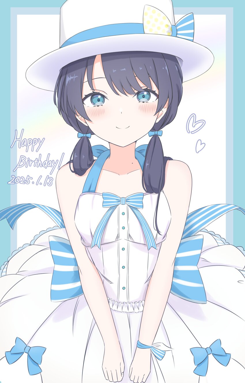 1girl absurdres bare_shoulders blue_border blue_bow blue_eyes blue_hair blush boater_hat border bow breasts closed_mouth collarbone commentary_request dated dress frilled_dress frills hair_bow halter_dress halterneck happy_birthday hat heart highres iroha_(nami3) link!_like!_love_live! long_hair looking_at_viewer love_live! low_twintails murano_sayaka official_alternate_costume outside_border penguin_ice_(love_live!) simple_background sleeveless sleeveless_dress small_breasts smile solo split_mouth straight-on top_hat twintails v_arms virtual_youtuber white_background white_dress white_hat
