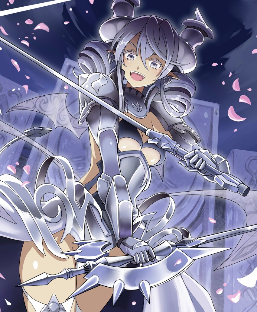 1girl absurdres armor armored_leotard asymmetrical_dual_wielding breasts cleavage demon_girl demon_horns demon_wings dual_wielding duel_monster gauntlets grey_eyes grey_hair hair_between_eyes highres holding holding_sword holding_weapon horns lady_labrynth_of_the_silver_castle large_breasts leotard looking_at_viewer lovely_labrynth_of_the_silver_castle pointy_ears solo sudhiro_sappurisa sword transparent_wings twintails weapon wings yu-gi-oh!