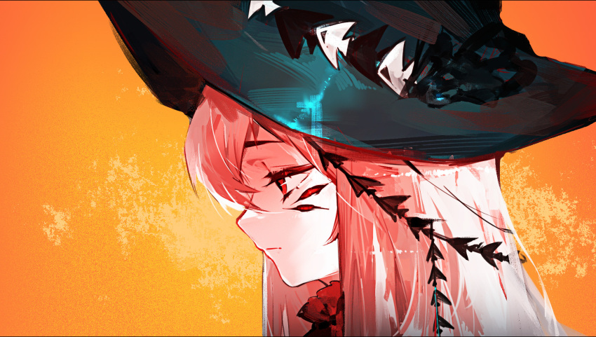 1girl angelfish aqua_hat arknights close-up closed_mouth fish gradient_background hair_between_eyes hair_ribbon hat highres long_hair official_alternate_costume orange_background portrait profile qingjiaokuaigengxin red_eyes ribbon scar scar_on_face simple_background skadi_(arknights) skadi_the_corrupting_heart_(arknights) solo very_long_hair white_hair