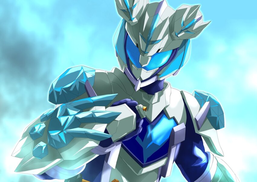 1girl alternate_costume armor blue_background blue_bodysuit blue_eyes bodysuit cerberus clenched_hand compound_eyes contrapposto crystal jewelry kamen_rider kamen_rider_gotchard_(series) kamen_rider_majade looking_at_viewer miyabi_(037) moon mooncerberus neminemoon official_alternate_costume power_armor ring upper_body white_armor yoacerberus