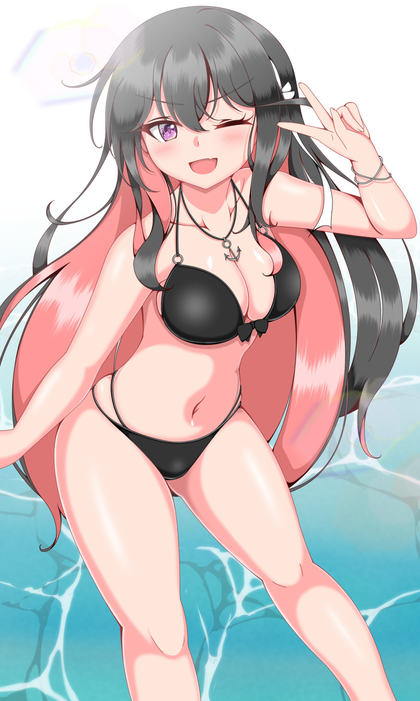 1girl absurdres anchor_pendant bikini black_bikini black_hair breasts cleavage colored_inner_hair commentary_request fang front-tie_bikini_top front-tie_top hairband highres itsuya_(hmizugucti) jewelry kantai_collection large_breasts leaning_forward long_hair multi-strapped_bikini_bottom multicolored_hair naganami_(kancolle) naganami_kai_ni_(kancolle) navel necklace one_eye_closed open_mouth pink_hair purple_eyes skin_fang smile solo swimsuit v v-shaped_eyebrows variant_set very_long_hair water white_hairband