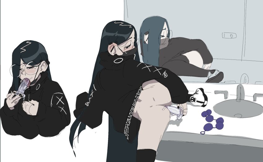 1girl anal anal_beads anal_fluid anal_object_insertion barbell_piercing black_eyes black_hair black_hoodie black_nails black_thighhighs blush bottomless clothes_lift clothes_writing commentary dildo dildo_under_mask dimples_of_venus drooling ear_blush ear_piercing earclip earrings english_commentary goth_fashion hair_behind_ear highres hood hoodie hoodie_lift industrial_piercing jewelry lifting_own_clothes long_hair mask masturbation mirror mouth_mask multiple_earrings nail_polish object_insertion one_eye_closed original oshii_(suwafro) parted_hair piercing public_indecency public_masturbation reflection public_restroom round_eyewear saliva sex_toy shoes sink skull sneakers straight_hair suwafro thighhighs very_long_hair white_footwear
