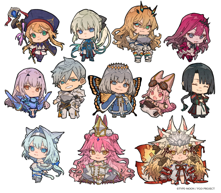 3boys 6+girls :d animal_ear_fluff animal_ears armor artoria_caster_(fate) artoria_caster_(second_ascension)_(fate) artoria_pendragon_(fate) avalon_le_fae_(fate/grand_order) baobhan_sith_(fate) baobhan_sith_(first_ascension)_(fate) barghest_(fate) barghest_(first_ascension)_(fate) black_bow black_dress blonde_hair blue_eyes blue_hair blunt_bangs bow braid braided_ponytail butterfly_wings cape chibi chinese_clothes closed_eyes closed_mouth copyright_notice crossed_legs detached_sleeves diamond_hairband dobrynya_nikitich_(fate) dobrynya_nikitich_(second_ascension)_(fate) dress faerie_knights_(fate) fate/grand_order fate_(series) fox_ears frills fur-trimmed_cape fur_trim gloves green_eyes grey_eyes grey_hair habetrot_(fate) hair_between_eyes hair_bow hair_intakes half_up_braid hand_on_own_hip hands_on_own_hips hat holding holding_staff insect_wings japanese_clothes koyanskaya_(assassin)_(third_ascension)_(fate) koyanskaya_(fate) koyanskaya_(lostbelt_beast:iv)_(fate) leg_up long_hair long_sleeves low_ponytail melusine_(fate) melusine_(first_ascension)_(fate) morgan_le_fay_(fate) multiple_animal_ears multiple_boys multiple_girls multiple_tails nozaki_tsubata oberon_(fate) oberon_(first_ascension)_(fate) official_art open_mouth percival_(fate) pink_gloves pink_hair pointy_ears ponytail red_dress short_hair sidelocks simple_background smile staff staff_of_selection_(fate) taigong_wang_(fate) tail tamamo_(fate) tunguska_sanctuary_(fate/grand_order) very_long_hair watson_cross white_background wide_sleeves wings yellow_eyes