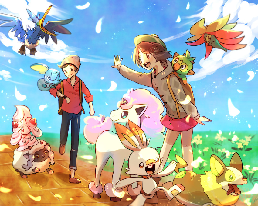 1boy 1girl :d bird blue_sky brown_eyes brown_hair cloud cramorant day flat_chest flower flying galarian_form galarian_ponyta gen_8_pokemon gloria_(pokemon) gossifleur grass grookey hat highres horns mizuto_(o96ap) nintendo open_mouth outdoors pokemon pokemon_(creature) pokemon_on_arm pokemon_on_back pokemon_swsh scorbunny short_hair single_horn sky smile sobble standing starter_pokemon_trio unicorn victor_(pokemon) walking wooloo yamper