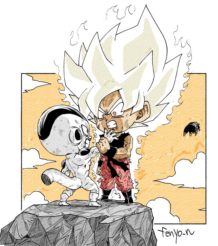 absurdres alien aura black_shirt blonde_hair chibi clenched_teeth colored_skin dragon_ball dragonball_z fenyon final_form_frieza frieza full_body highres holding_another&#039;s_wrist medium_hair muscular muscular_male orange_pants pants piccolo red_eyes shirt son_gohan son_goku spiked_hair super_saiyan super_saiyan_1 teeth white_skin