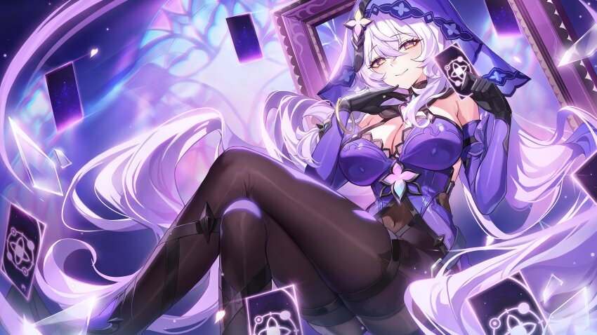 1girl absurdres black_gloves black_pantyhose black_swan_(honkai:_star_rail) breasts card cleavage closed_mouth commentary crossed_legs detached_sleeves dress floating_hair gloves hair_between_eyes highres holding holding_card honkai:_star_rail honkai_(series) long_hair long_sleeves looking_at_viewer pantyhose ppeach purple_dress purple_hair purple_veil sitting smile solo thigh_strap veil very_long_hair