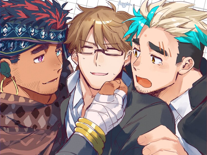 3boys aqua_hair bandaged_hand bandages bara beard_stubble black_hair black_jacket blonde_hair blush bohemio_(housamo) bracelet brown_hair closed_eyes collared_shirt dark-skinned_male dark_skin earrings facial_hair facial_mark forehead_mark gakuran goatee_stubble gold_bracelet grid_background hagiography hand_on_another&#039;s_arm hand_on_another&#039;s_chin headband highres hoop_earrings jacket jewelry looking_at_another male_focus multicolored_hair multiple_boys nervous_sweating protagonist_4_(housamo) red_hair sanzou_(housamo) scar scar_on_face scarf school_uniform shirt short_hair sideburns_stubble signature sketch stubble sweat tearing_up thick_eyebrows tokyo_houkago_summoners upper_body white_shirt
