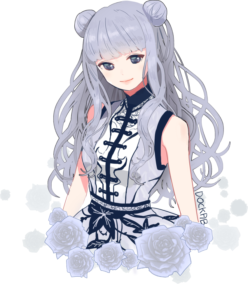 1girl absurdres artist_name bare_shoulders blunt_bangs character_request closed_mouth collared_dress commentary cropped_legs dockab dot_nose double_bun dress eyelashes floral_print flower grey_eyes grey_flower grey_hair grey_rose hair_bun happy high_collar highres light_blush lips long_hair miracle_nikki nikki_(series) pink_lips rose sidelocks simple_background sleeveless sleeveless_dress smile solo wavy_hair white_background white_dress