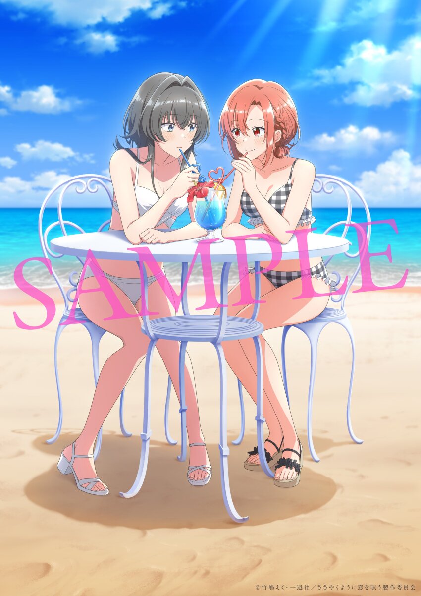 2girls absurdres asanagi_yori beach bikini black_bikini black_hair blue_eyes braid breasts brown_hair chair cleavage closed_mouth commentary_request copyright_name crazy_straw crossed_bangs day drinking_straw french_braid full_body hair_between_eyes heart_straw highres horizon kino_himari medium_breasts medium_hair multiple_girls ocean official_art open_mouth orange_hair outdoors plaid_bikini plaid_clothes red_eyes sample_watermark sasayaku_you_ni_koi_wo_utau shared_drink sidelocks simple_background sitting swimsuit table watermark white_background white_bikini yuri