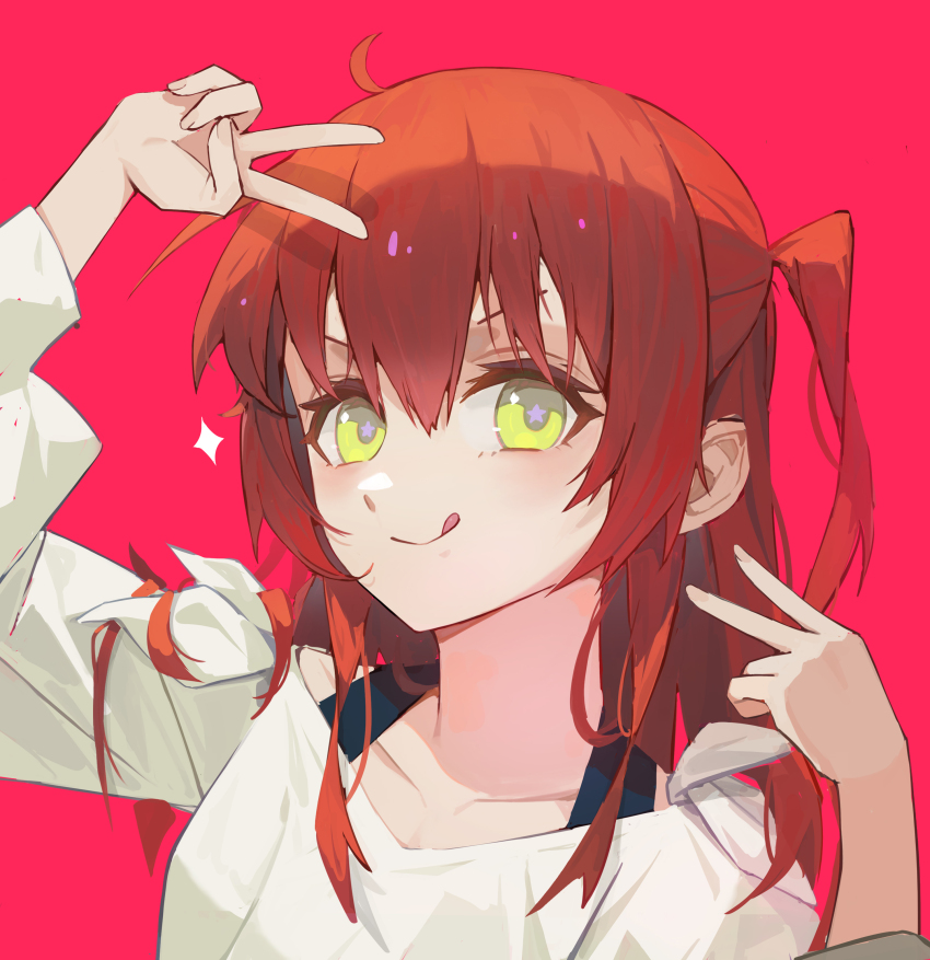 1girl :q absurdres arm_up bocchi_the_rock! chinese_commentary closed_mouth collarbone commentary_request double_v green_eyes hair_between_eyes highres kita_ikuyo looking_at_viewer medium_hair nlarou one_side_up orange_hair red_background shirt simple_background smile solo star-shaped_pupils star_(symbol) symbol-shaped_pupils tongue tongue_out upper_body v v_over_head white_shirt