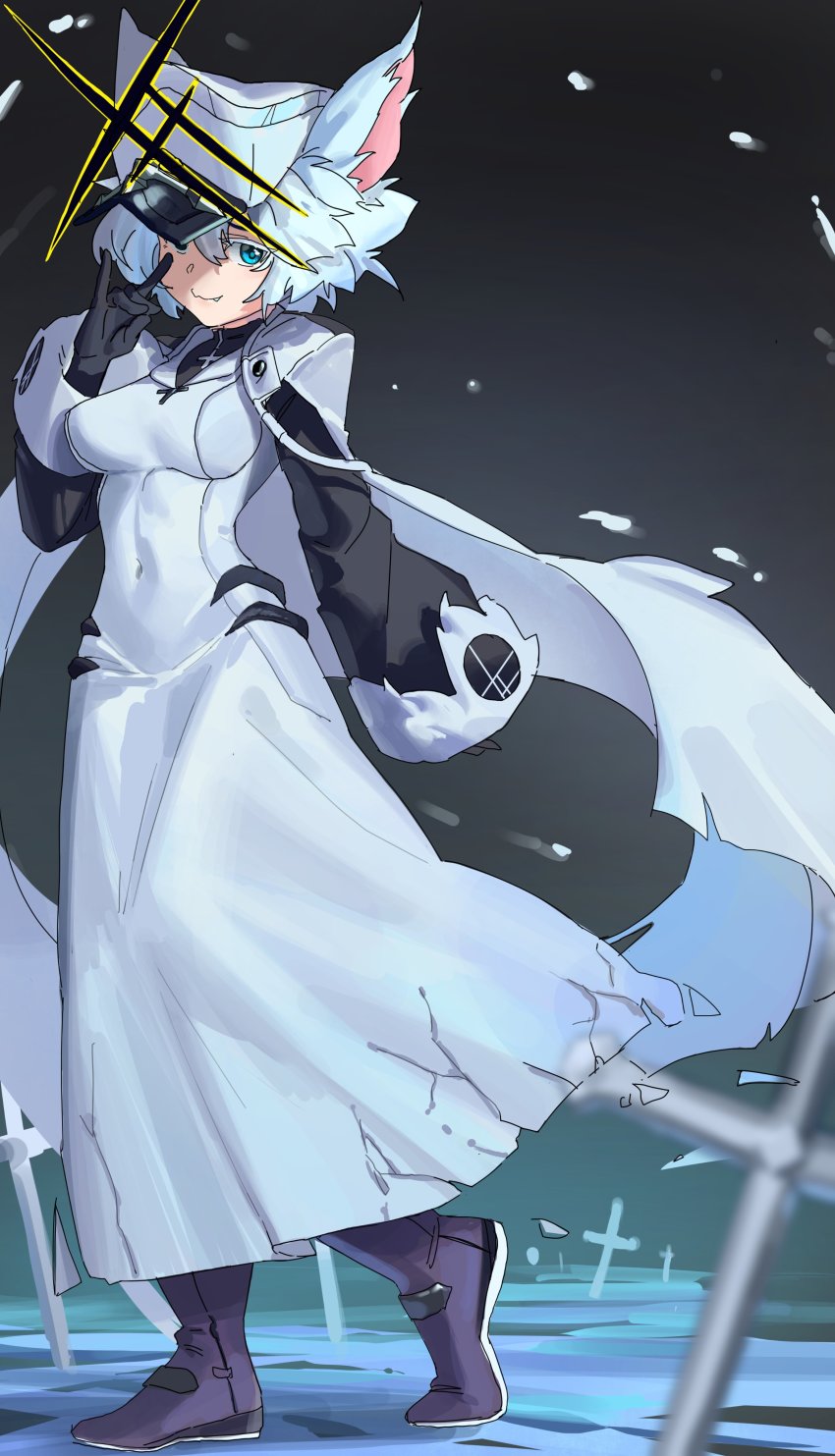1girl absurdres alchemy_stars animal_ears black_gloves blue_eyes boots breasts capelet cat_ears covered_navel cross dress fang fox_shadow_puppet full_body gloves hand_up hat highres jaws_(okdol0928) latin_cross long_sleeves looking_at_viewer medium_breasts peaked_cap philyshy_(alchemy_stars) purple_boots short_hair solo standing torn_clothes torn_dress walking white_dress white_hair white_hat