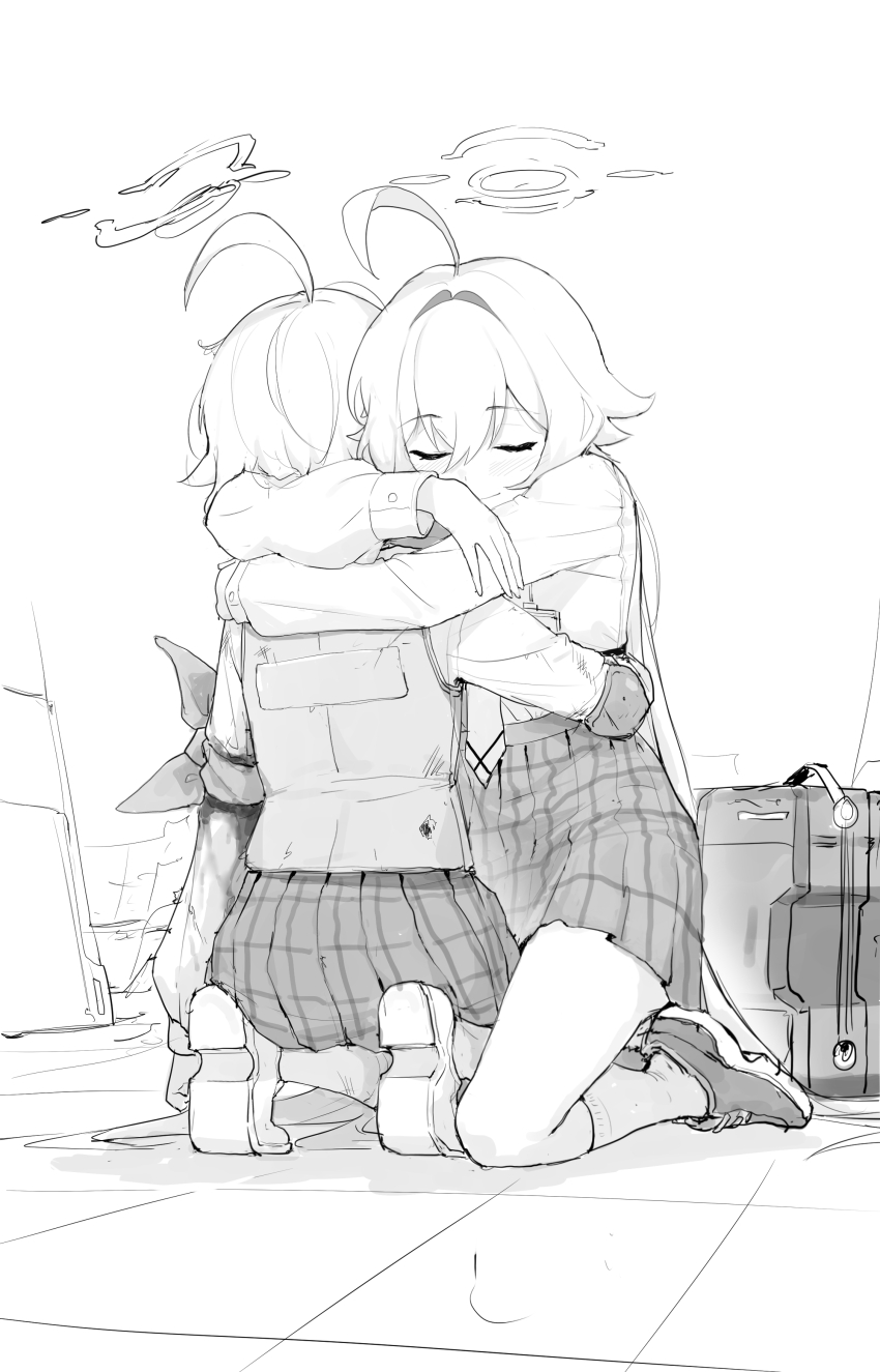 2girls absurdres ahoge blood blue_archive bulletproof_vest closed_eyes closed_mouth elbow_pads full_body greyscale halo highres hoshino_(blue_archive) hoshino_(first_year)_(blue_archive) hug injury kneeling long_hair long_sleeves monochrome multiple_girls necktie parack shirt_tucked_in shoes short_hair skirt socks tile_floor tiles yume_(blue_archive)