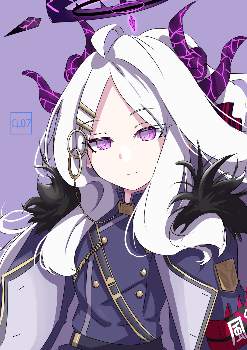 1girl absurdres ahoge armband artist_name belt black_fur black_halo black_horns blue_archive chain cl07 coat collar demon_girl demon_horns emblem halo highres hina_(blue_archive) horns light_smile long_hair looking_at_viewer multiple_horns open_clothes open_coat parted_bangs purple_background purple_eyes solo white_hair