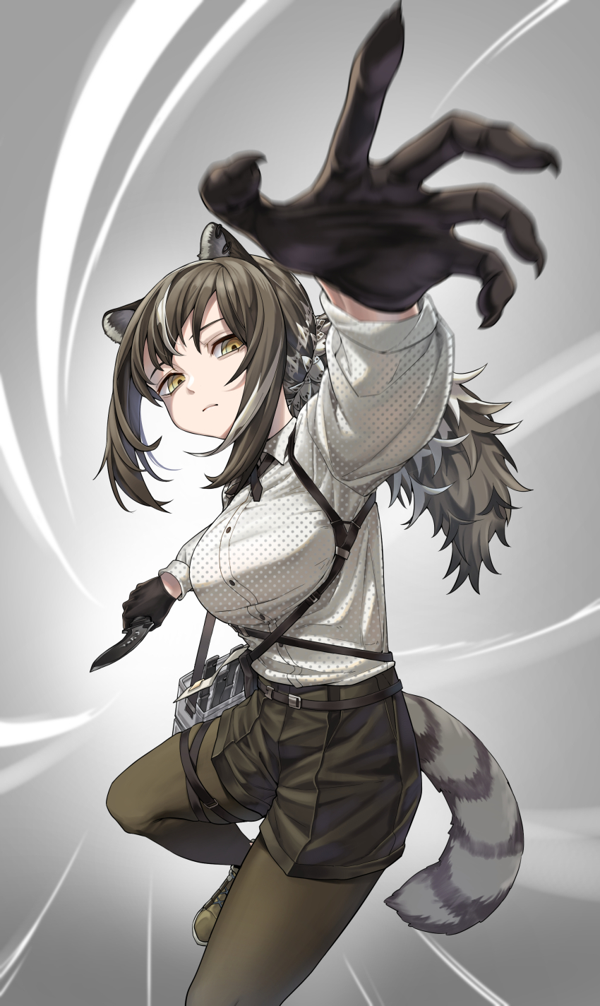 1girl absurdres animal_ears arknights bag belt belt_pouch black_belt black_gloves black_shorts blurry brown_footwear brown_hair brown_pantyhose brown_shorts chest_harness claw_pose closed_mouth collared_shirt cross_tie depth_of_field dress_shirt ear_piercing fingernails foreshortening furrowed_brow gloves gradient_background grey_background grey_hair harness highres holding holding_knife incoming_attack knife long_hair looking_at_viewer motion_lines multicolored_hair outstretched_arm pantyhose piercing police_riot_(artist) ponytail pouch raccoon_ears raccoon_girl raccoon_tail robin_(arknights) sharp_fingernails shirt shoes shorts shoulder_bag sidelocks simple_background sneakers streaked_hair swept_bangs tail thigh_belt thigh_strap two-tone_hair white_shirt yellow_eyes