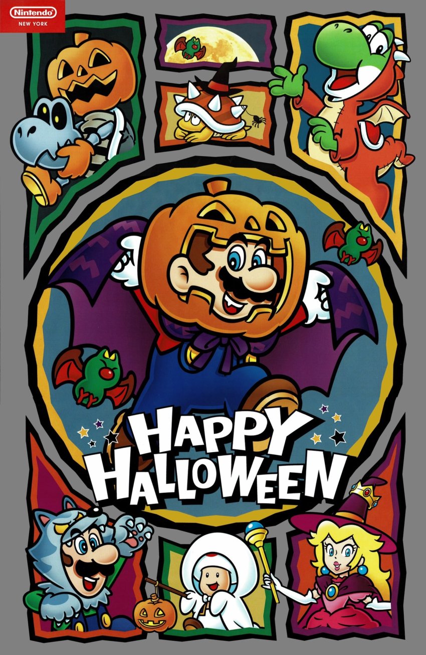 1girl 3boys blonde_hair blue_eyes cape cosplay crown dress dry_bones facial_hair gloves grin halloween happy_halloween hat highres luigi mario mario_(series) multiple_boys mustache nintendo official_art overalls pink_dress princess_peach pumpkin smile spiny swoop_(mario) toad_(mario) wand wizard_hat yoshi