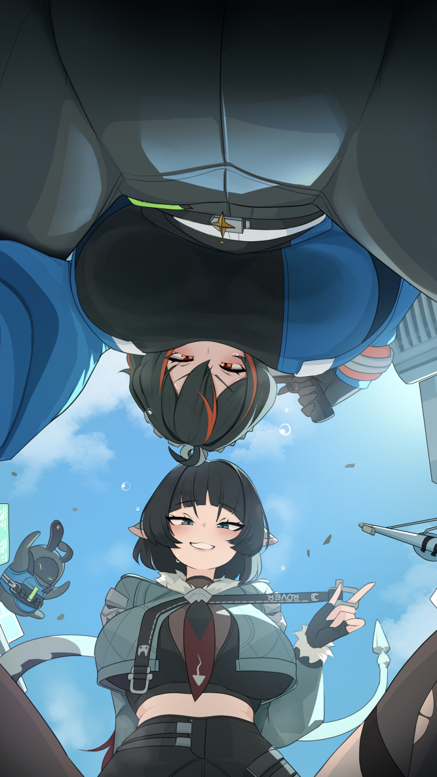 2girls animal_ears bangboo_(zenless_zone_zero) black_hair black_shorts blue_jacket blush breasts fur-trimmed_jacket fur_trim green_eyes green_jacket gun hairband high-waist_pants high-waist_shorts highres holding holding_gun holding_weapon jacket jane_doe_(zenless_zone_zero) large_breasts long_hair long_tail looking_at_viewer looking_down metal_hairband monobe_yuri mouse_ears mouse_girl mouse_tail multicolored_hair multiple_girls necktie pants pantyhose police police_uniform policewoman pov red_eyes red_hair red_streaks securityboo_(zenless_zone_zero) sharp_tail short_hair shorts single_leg_pantyhose smile streaked_hair sweat tail thighhighs tight_clothes tight_pants torn_clothes torn_pantyhose torn_thighhighs two-tone_necktie weapon zenless_zone_zero zhu_yuan