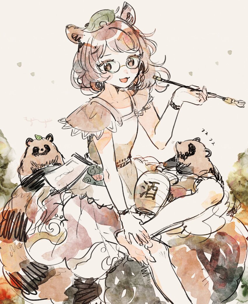 1girl animal_ears barefoot bracelet brown_eyes brown_hair crossed_legs futatsuiwa_mamizou glasses gourd hat highres holding holding_smoking_pipe japanese_clothes jewelry kiseru leaf leaf_on_head looking_at_viewer mozukuzu_(manukedori) notepad open_mouth pince-nez raccoon_ears raccoon_girl raccoon_tail shirt short_hair short_sleeves sitting skirt smile smoking_pipe tail tanuki ten_desires tokkuri touhou