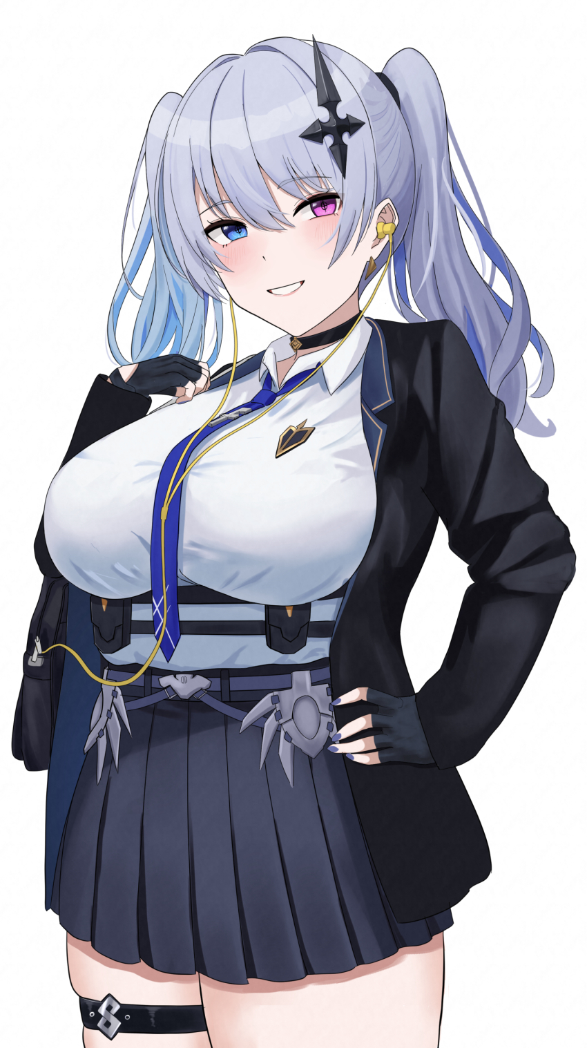 1girl absurdres armored_skirt belt black_gloves black_skirt blue_eyes blue_necktie blush breasts chest_harness choker collared_shirt cross earphones fingerless_gloves gloves grey_hair harness heterochromia highres inverted_cross jacket jewelry kukro large_breasts light_smile miniskirt necktie neo-porte open_clothes open_jacket parted_lips pink_eyes pleated_skirt shirt skirt solo tented_shirt tentei_forte tentei_forte_(2nd_costume) thigh_strap tight_clothes twintails underbust virtual_youtuber white_background white_shirt