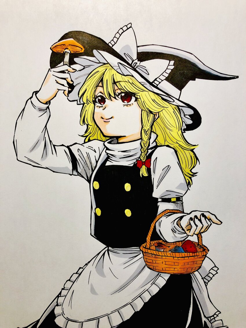 1girl apron basket black_hat black_skirt black_vest bow braid buttons closed_mouth cowboy_shot frilled_apron frills happy hat hat_bow highres holding holding_basket juliet_sleeves kirisame_marisa long_hair long_sleeves mushroom puffy_sleeves red_eyes s590220 shirt side_braid simple_background single_braid skirt sleeve_garter smile solo touhou traditional_media turtleneck vest waist_apron waist_bow white_apron white_background white_bow white_shirt witch witch_hat