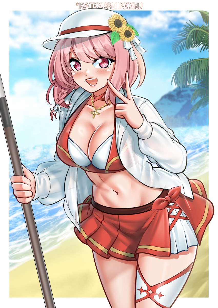 1girl absurdres beach bikini breasts cleavage fire_emblem fire_emblem_engage fire_emblem_heroes flat_cap flower hat highres holding_harpoon jacket jewelry katou_shinobu lapis_(fire_emblem) lapis_(forager_of_the_sea)_(fire_emblem) large_breasts necklace nintendo official_alternate_costume open_mouth pink_eyes pink_hair red_bikini red_skirt see-through_clothes see-through_jacket skirt solo sunflower swimsuit two-tone_hat v white_hat white_jacket