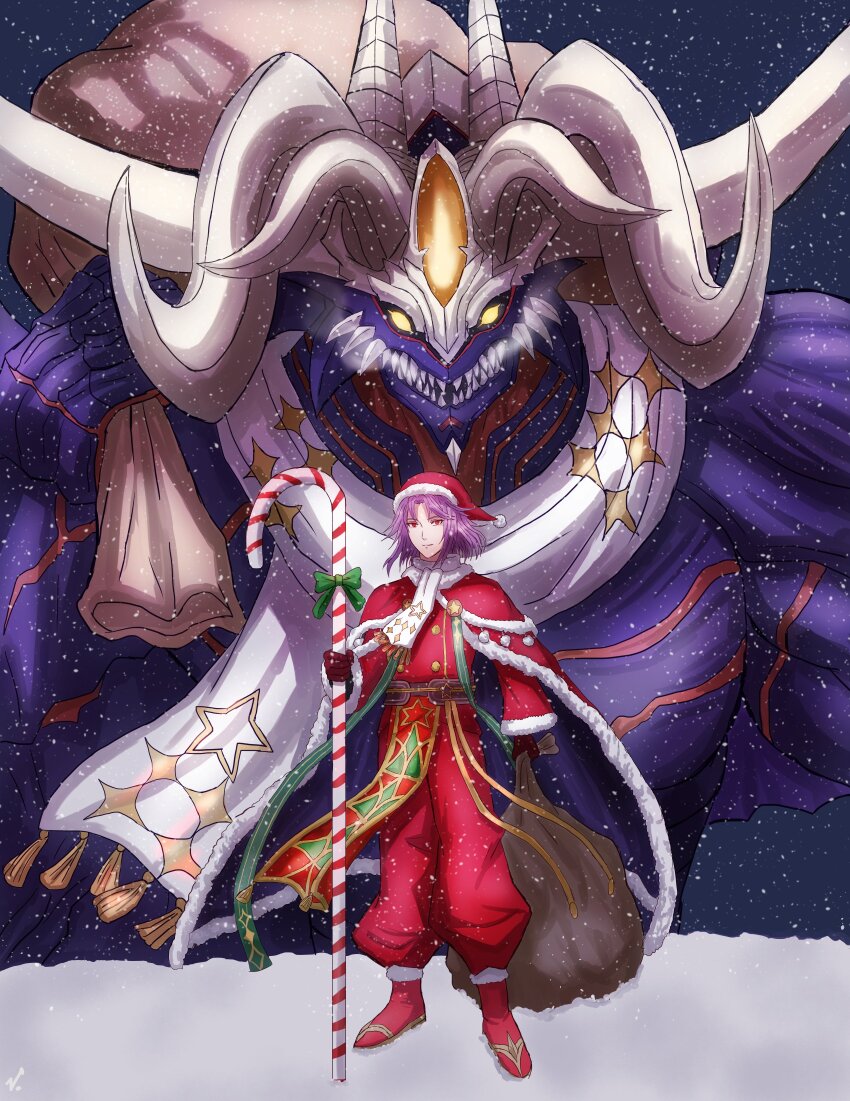 1boy 1other absurdres cape commentary english_commentary fire_emblem fire_emblem:_the_sacred_stones fire_emblem_heroes fomortiis_(fire_emblem) fomortiis_(winter)_(fire_emblem) fur-trimmed_cape fur_trim highres holding holding_sack horns lyon_(fire_emblem) lyon_(winter)_(fire_emblem) male_focus medium_hair monster nintendo official_alternate_costume purple_hair red_eyes sack santa_costume scarf snow snowing venus_xeno