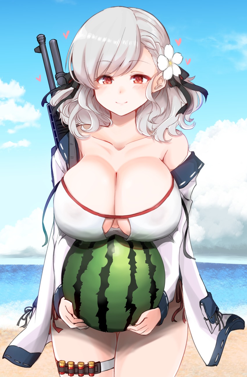 10eki_(tenchou) 12-gauge 12-gauge_(2_3/4_inch_shell) 1girl absurdres ammunition bare_shoulders beach bikini blue_sky blush breasts center_opening cleavage cleavage_cutout clothing_cutout cloud cloudy_sky collarbone commentary_request cowboy_shot day dual-mode_shotgun female_focus food franchi fruit girls&#039;_frontline gun hair_ribbon halterneck highres holding holding_food jacket large_breasts light_smile long_hair long_sleeves looking_at_viewer navel ocean official_alternate_costume outdoors pump-action_shotgun pump_action red_eyes ribbon semi-automatic_shotgun shotgun shotgun_shell side-tie_bikini_bottom silver_hair sky smile solo spas-12 spas-12_(girls&#039;_frontline) spas-12_(midsummer_fruit)_(girls&#039;_frontline) swept_bangs swimsuit thigh_strap thighs twintails watermelon weapon white_bikini white_jacket